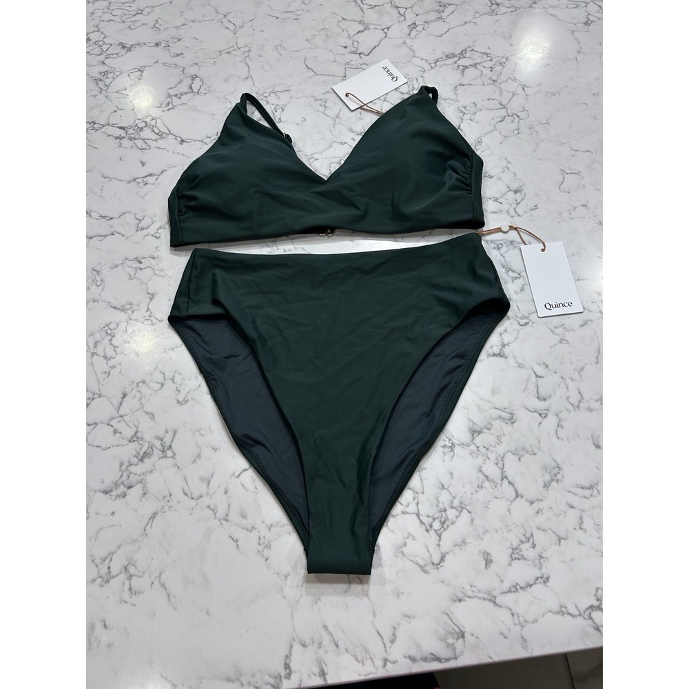 NWT Quince Palm Green Italian V Neck Bikini Top & High Rise High Leg Bottom XL